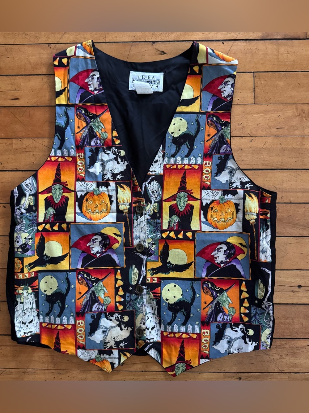 Vintage Idea Nuova Harvest Halloween Fall print Vest Orange black pumpkin 1990s